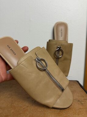 Via Spiga Tan Leather Slide Mules with Zip Ring Detail